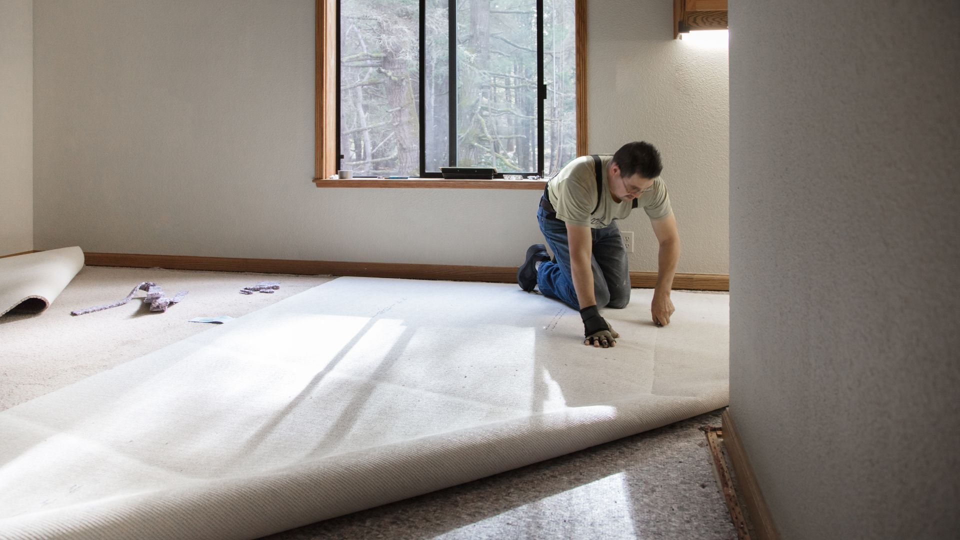 Person installing carpet in a room with forest view through window